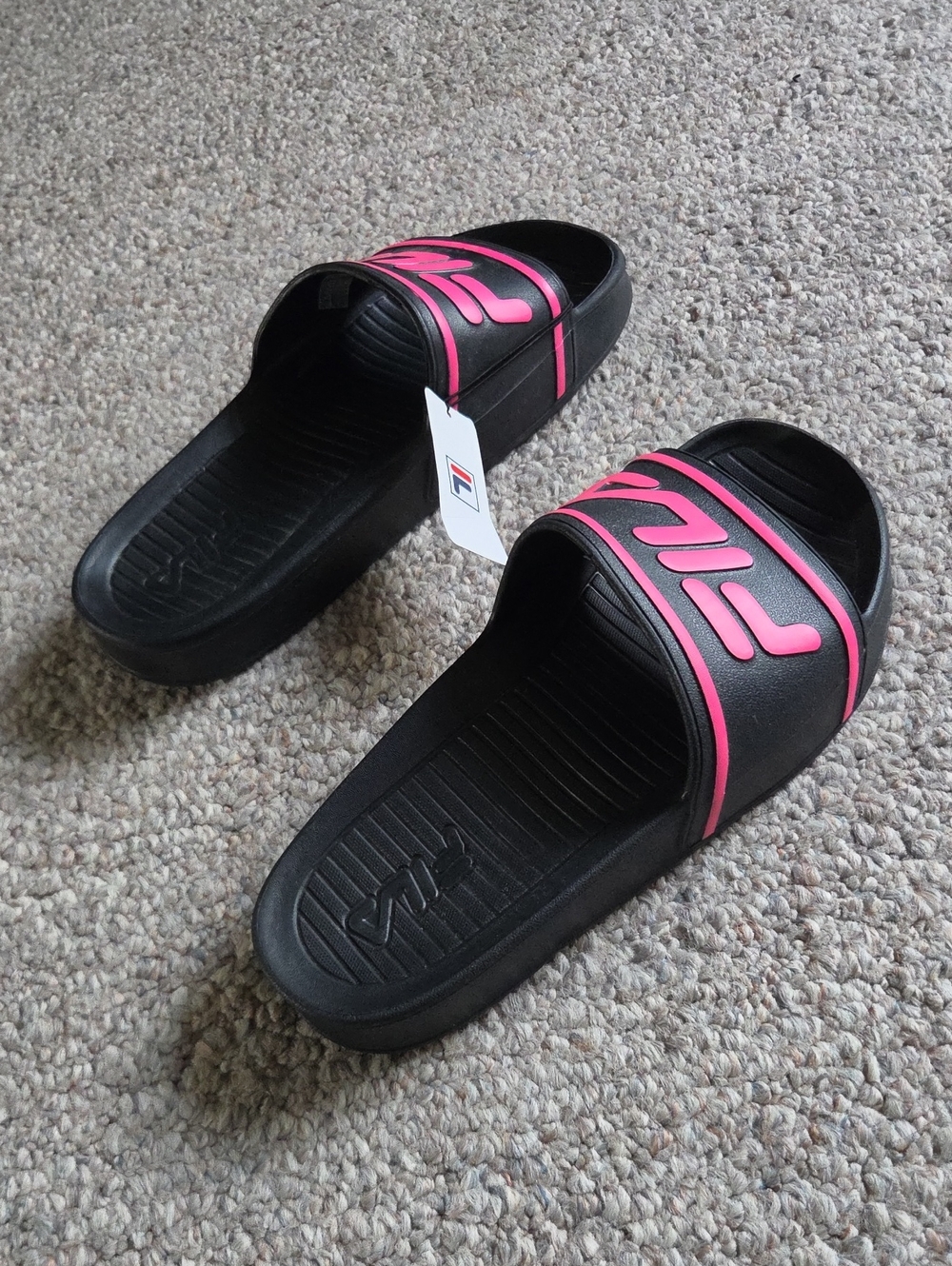 New FILA Women’s Black Slide Sandals with Pink Accents